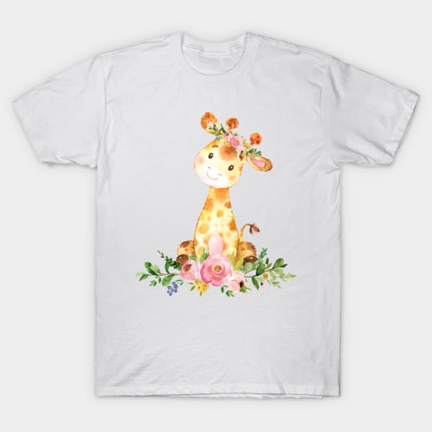 Cute Giraffe with Flowers T-Shirt by AdornMyWall